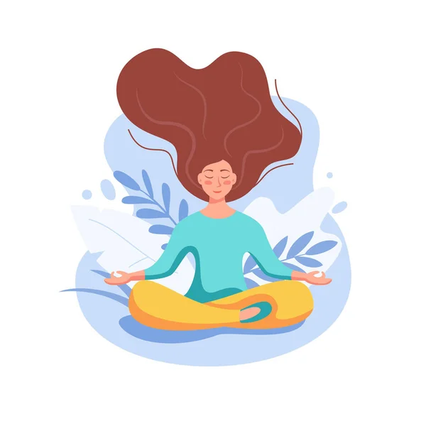 Young Woman Lotus Yoga Pose Meditate Concept Yoga Meditation Relax — Stock Vector