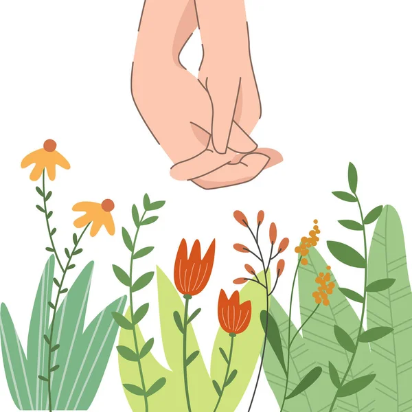 Sepasang Kekasih Bergandengan Tangan Dan Mekar Bunga Dan Tanaman Ilustrasi - Stok Vektor