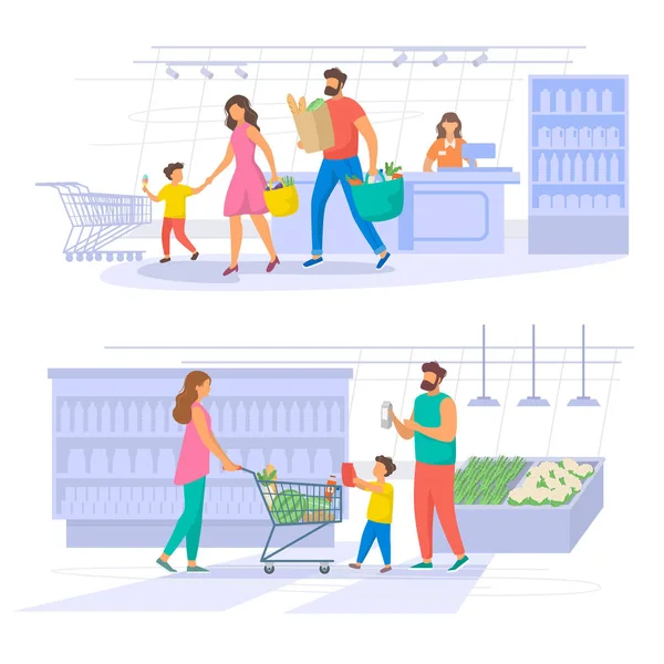 Aile Süpermarketten Ürün Alıyor Vektör Illüstrasyonu — Stok Vektör