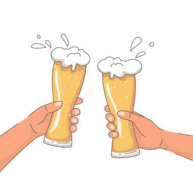 El ele tutuşup bira bardaklarını tokuşturmak. Tatil Ekim Festivali konsepti. Vektör illüstrasyonu.