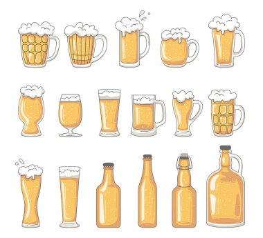 Farklı cam bardaklarda bira ve bira şişeleriyle dolu. Tatil Ekim Festivali konsepti. Vektör illüstrasyonu.