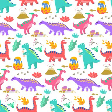 Renkli dinozorlarla kusursuz bir desen. Vektör illüstrasyonu.