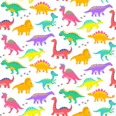 Renkli dinozorlarla kusursuz bir desen. Vektör illüstrasyonu