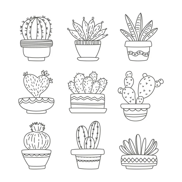 Ensemble Cactus Dessin Animé Dans Jolis Pots Illustration Vectorielle — Image vectorielle