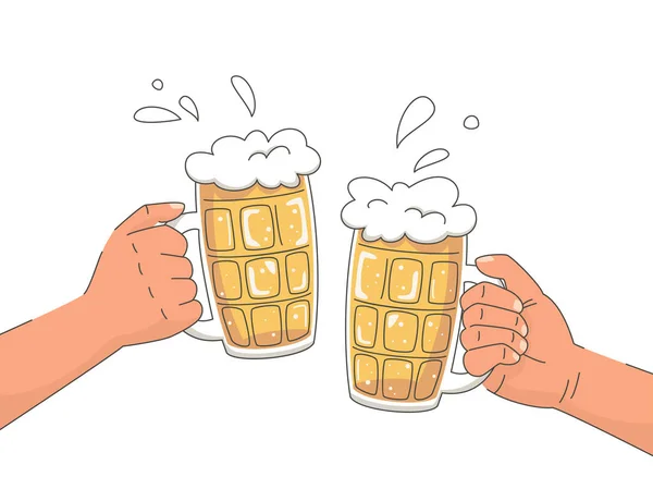 Mãos Segurando Batendo Copos Cerveja Férias Conceito Octoberfest Ilustração Vetorial — Vetor de Stock