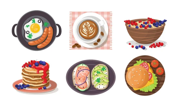 Juego Dibujos Animados Desayunos Clásicos Café Huevos Revueltos Panqueques Gachas — Vector de stock