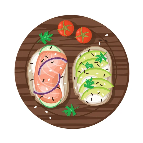 Sandwiches Dibujos Animados Con Pescado Aguacate Sobre Tabla Madera Ilustración — Vector de stock