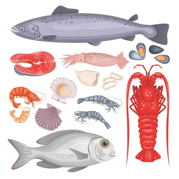 Conjunto Mariscos Estilo Dibujos Animados Pescado Langosta Camarones Calamares Mejillones — Vector de stock