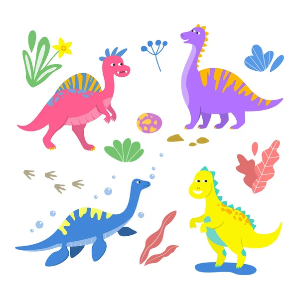 Conjunto Dinossauros Coloridos Dos Desenhos Animados Ilustração Vetorial — Vetor de Stock