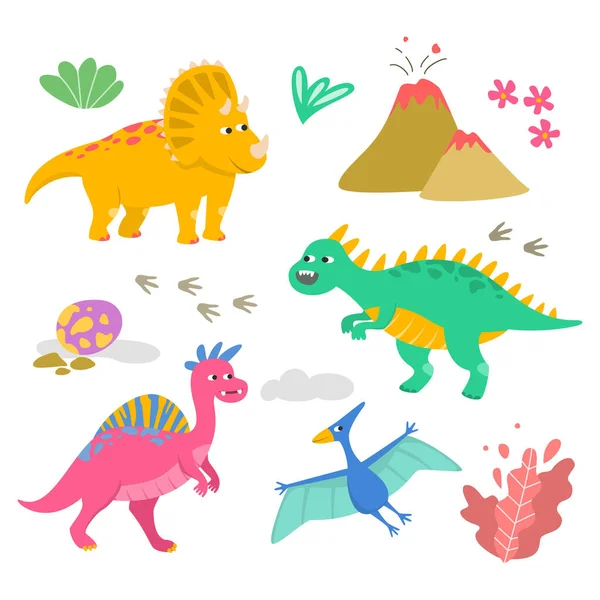 Conjunto Dinossauros Coloridos Dos Desenhos Animados Ilustração Vetorial — Vetor de Stock