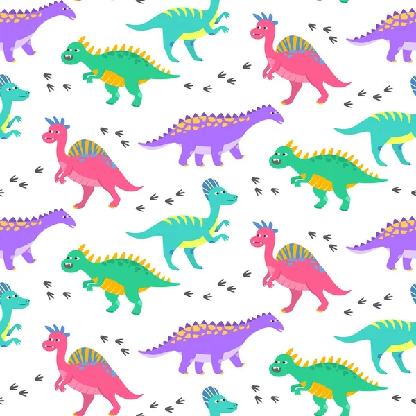Padrão Sem Costura Com Dinossauros Coloridos Dos Desenhos Animados Ilustração — Vetor de Stock