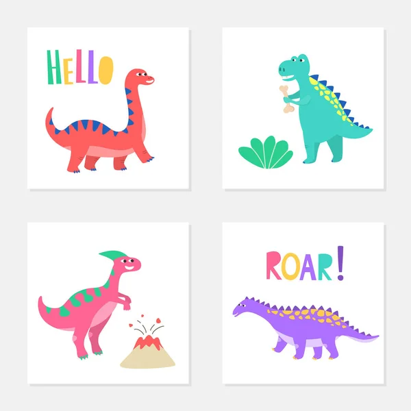 Conjunto Cartões Coloridos Com Dinossauros Desenhos Animados Ilustração Vetorial — Vetor de Stock