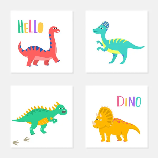 Uppsättning Färgglada Kort Med Tecknade Dinosaurier Vektorillustration — Stock vektor