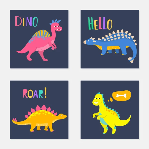 Conjunto Cartões Coloridos Com Dinossauros Desenhos Animados Ilustração Vetorial — Vetor de Stock