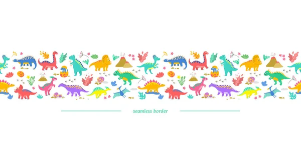 Perbatasan Horizontal Yang Lucu Dengan Dinosaurus Ilustrasi Vektor - Stok Vektor