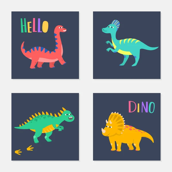 Conjunto Cartões Coloridos Com Dinossauros Desenhos Animados Ilustração Vetorial — Vetor de Stock