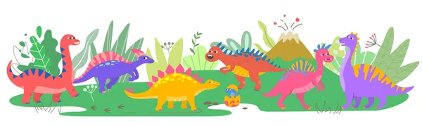 Latar Belakang Dengan Kartun Berwarna Warni Dinosaurus Gunung Berapi Dan - Stok Vektor