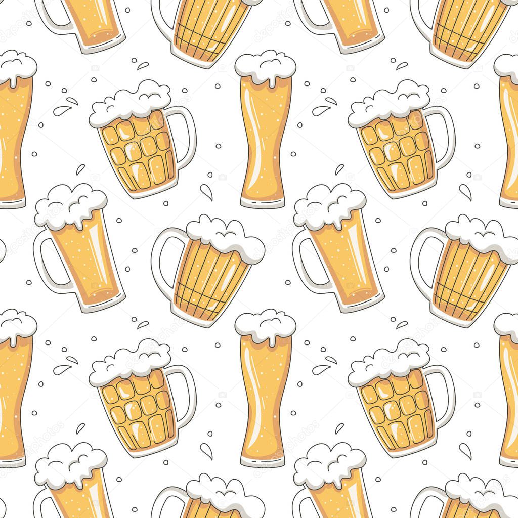 Seamless pattern with different glass mugs of beer. Holiday octoberfest background. Vector illustration.