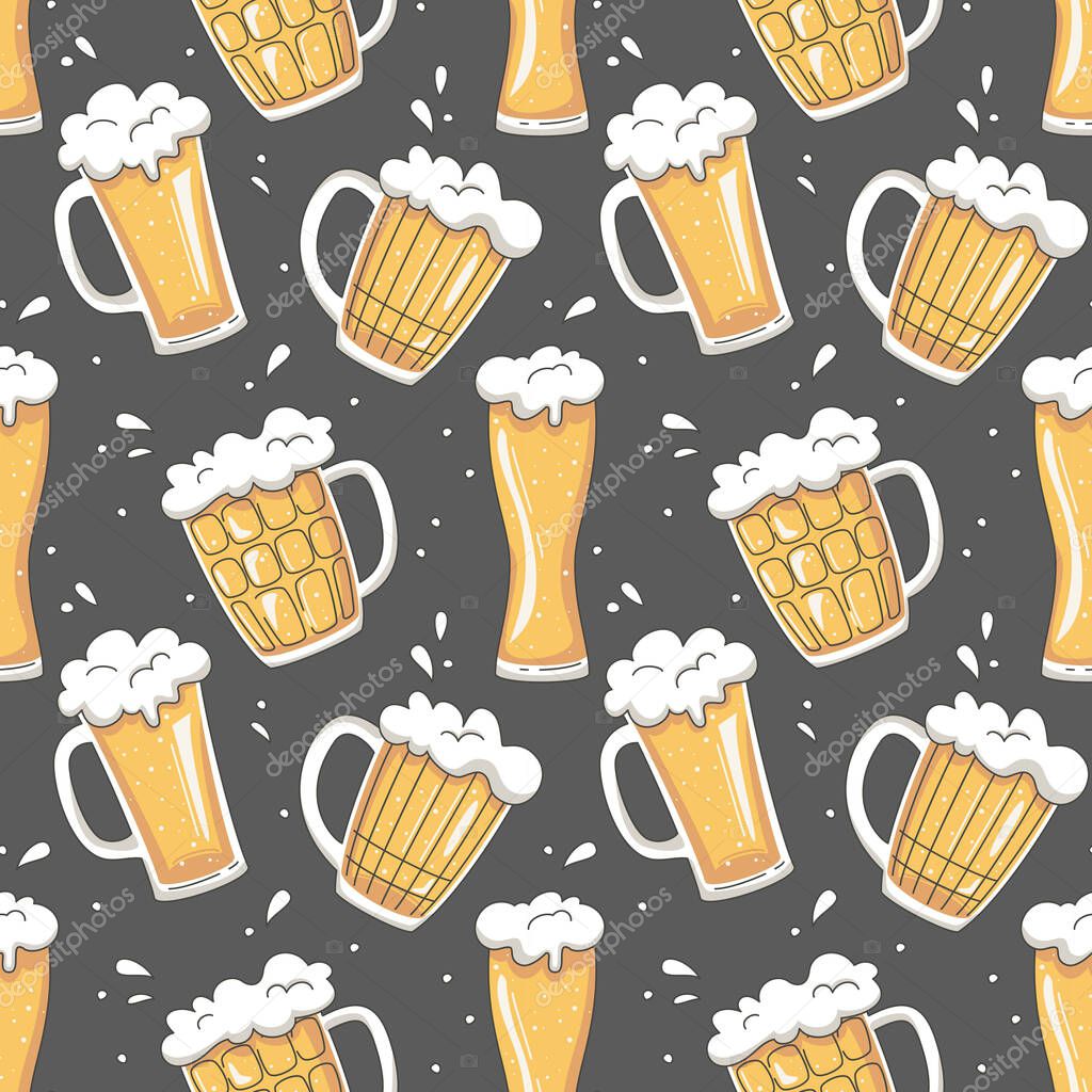 Seamless pattern with different glass mugs of beer. Holiday octoberfest background. Vector illustration.