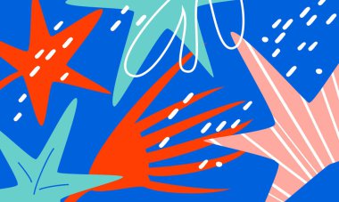 Soyut minimalist modern tropikal arka plan. Poster, kart, baskı, kapak, duvar kağıdı, broşür, davetiye, resim baskısı, pankart ve duvar dekoru için moda grafik tasarımı. Vektör illüstrasyonu.