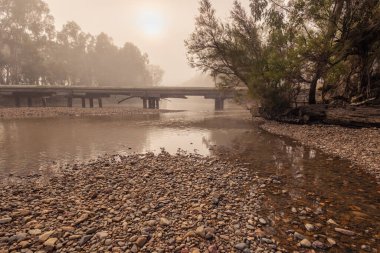 Güneş, sabahın erken saatlerinde Queensland ve Yeni Güney Galler arasındaki oldukça alçak sınır nehri boyunca uzanan bir köprünün üzerinde zayıf bir şekilde parlar. Dumaresq Nehri 'ndeki taşları ve nehir ağaçlarını gösterir..