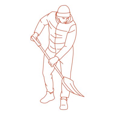 Adam bir kürek kullanarak karları yerden kaldırıyor.