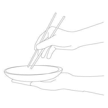 Elin kaseyi tutuyor ve yemek çubuklarıyla yemek yiyor.