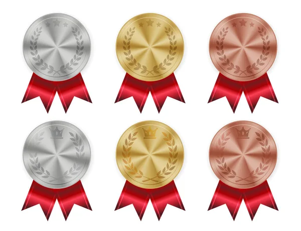 Gold, Silver, Bronze Medals with Star and Crown, Achievement Icons with Laurel Design