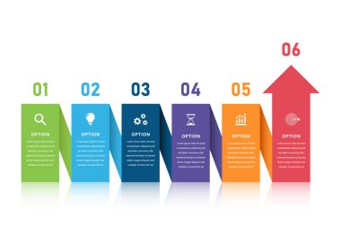 Renk Kodlu Simgelerle Yatay Altı Seçenek Bilgiler Şablonu ve İş Süreci, Stratejik Planlama ve Büyüme Görselleştirmesi İçin Yukarı Oku