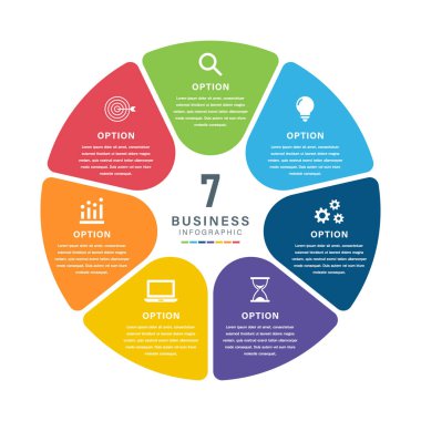 Strateji, Pazarlama, Eğitim ve Veri Görselleştirme Simgeleriyle Renkli Yedi Parça Dairesel İş Bilgileri Şablonu