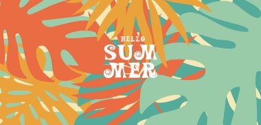 Turuncu, Sarı, Teal ve Yeşil Yapraklı Retro Tropikal Yaz Posteri ve Mevsimsel Tanıtımlar ve Yaşam Tarzı Kampanyaları İçin Cesur Girdap Tipografisi