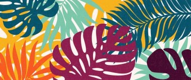 Teal, Orange, Maroon, Nane Yeşili ve Sarı Yapraklı Yapraklar Arkaplanda Canlı Tropik Palmiye ve Canavar Yaprak Örnekleri