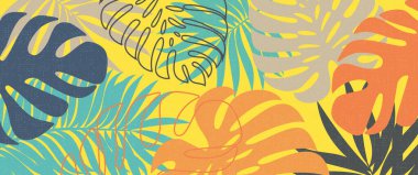 Sarı desenli arka planda stilize tropikal palmiye ve canavar yaprağı desenli mavi, Teal, turuncu, bej ve siyah yapraklı.