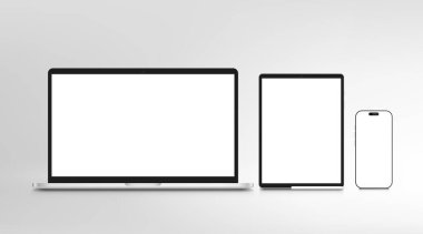 Karşılıklı Web Tasarımı ve Dijital Teknoloji Kavramları için Minimalist Gri Arkaplan Üzerine Boş Ekranlı Modern Laptop, Tablet ve Smartphone Mockup