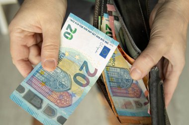 Cüzdandan euro banknotları almak. Kişisel finans, bütçe, kontrol masrafları ve günlük para yönetimi kavramı.