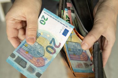 Cüzdandan euro banknotları almak. Kişisel finans, bütçe, kontrol masrafları ve günlük para yönetimi kavramı.