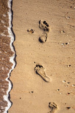 Deniz kenarındaki ıslak kumsalda ayak izleri. Yaşam yolculuğu kavramı, farkındalık, yalnızlık, geçen zaman, hatıralar ve doğadaki insan varlığı..