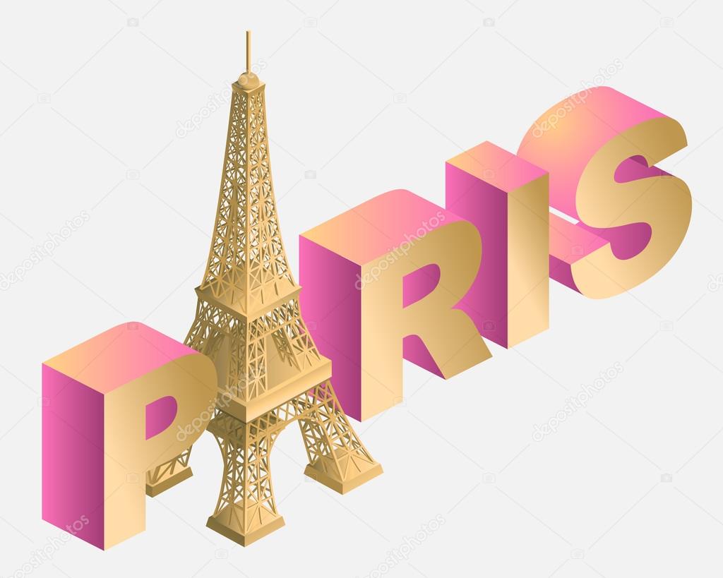 Eiffel Tower, 3d, illustration, gold and pink, inscription
