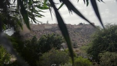 Ancient fortress on a hill surrounded by lush greenery and cloudy sky.