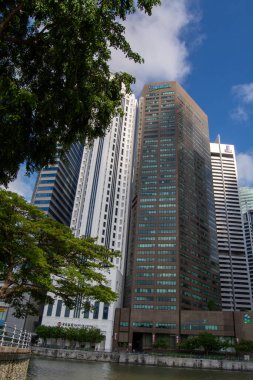 Nehir boyunca uzanan modern gökdelenlerin ön planda yemyeşil ağaçlar ve açık mavi bir gökyüzü.