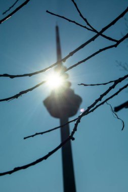 A silhouette of a tower with sunlight shining through branches against a clear blue sky