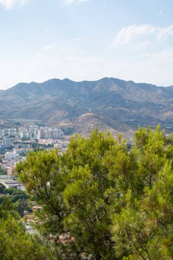 Arka planda dağlar ve ön planda ağaçlar olan bir şehrin manzarası.