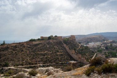 A panoramic view of an ancient fortress on a hill, surrounded by arid landscape and a small town in the valley below, with cloudy skies