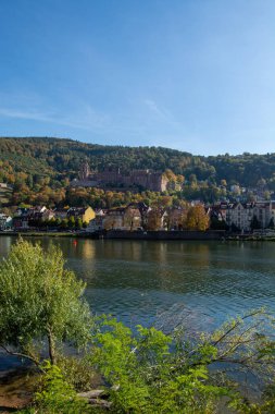 Arka planda bir tepenin üzerinde şatosu olan bir nehrin manzarası, sonbahar yaprakları ve nehir kıyısı boyunca renkli binalarla çevrili.
