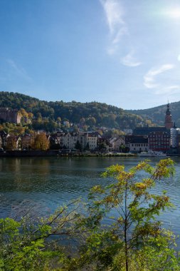 Renkli bir sonbahar yeşilliği olan nehir kenti manzarası, tarihi binalar ve arka planda bir tepede bir şato..