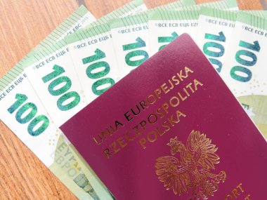 Polonya pasaportu ve 100 avroluk banknotlar. Seyahat ve para kavramı.