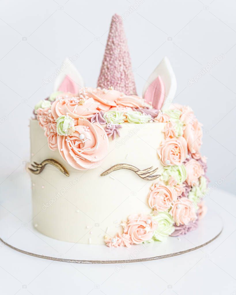 Cake in the form of a unicorn for a girl close-up