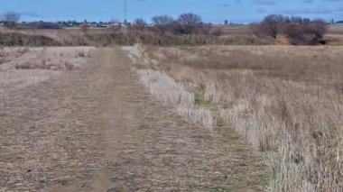 Kuru bir tarlada arka planda bir köy bulunan bir patika manzarası.