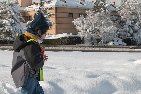 Kışın taze kar ve ağaçlarla açık havada yürüyen bir çocuk.