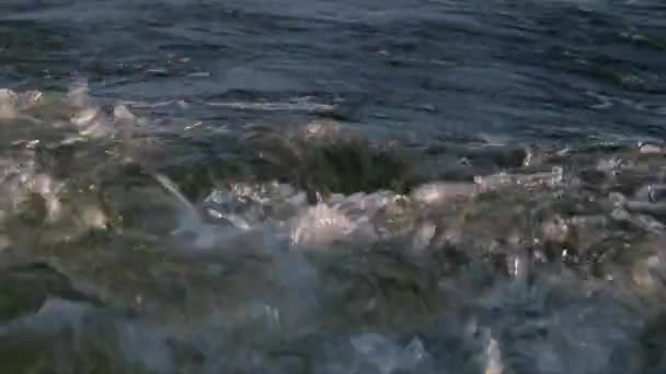 Close-up shot van lake met snelle boten boot wake schuim van prop wash — Stockvideo